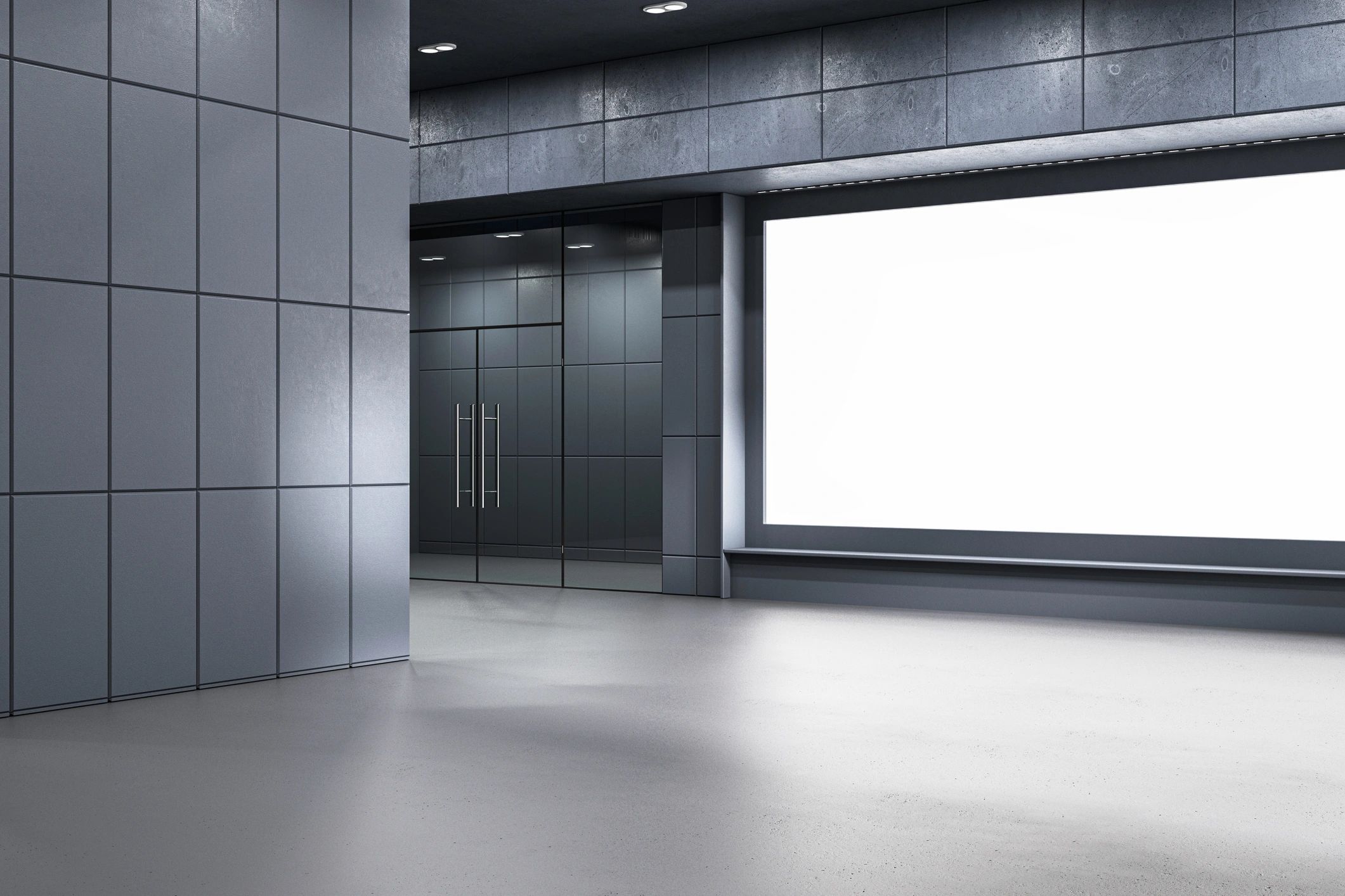 Modern advertising billboards in a sleek commercial space